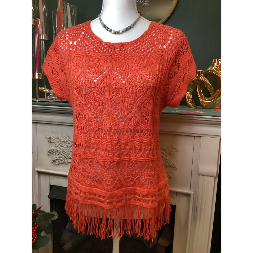 Chico's Orange Crochet Knit Top with Fringe Hem SZ 0‎